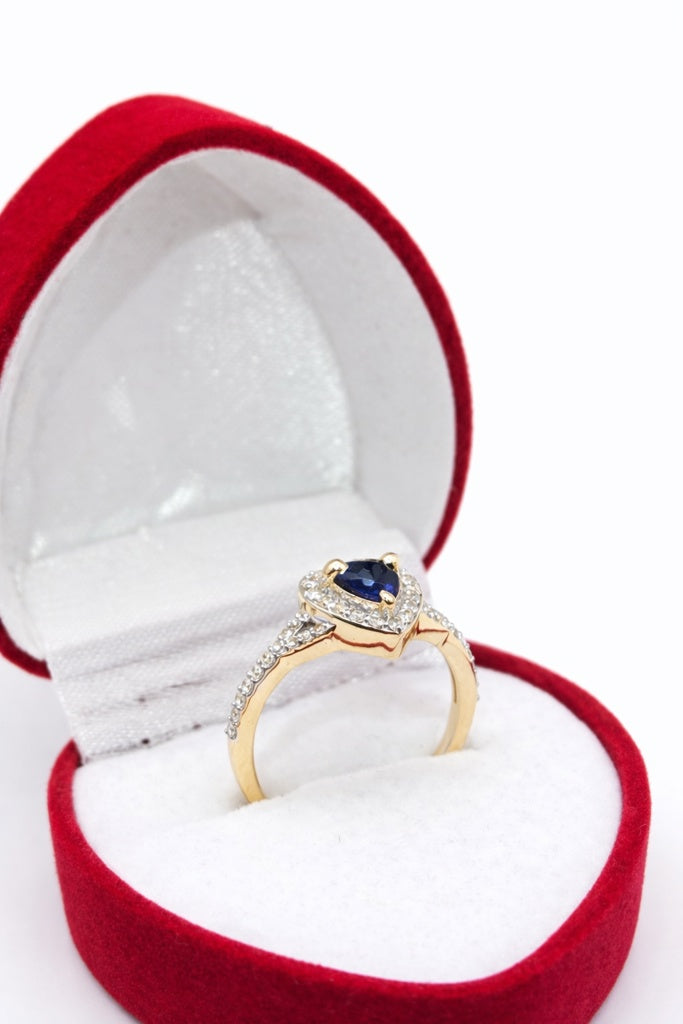 14KT NATURAL DIAMOND AROUND HEART LAB ZAFIRO ELEGANT RING Size 7/0.8CT/2.79GM
