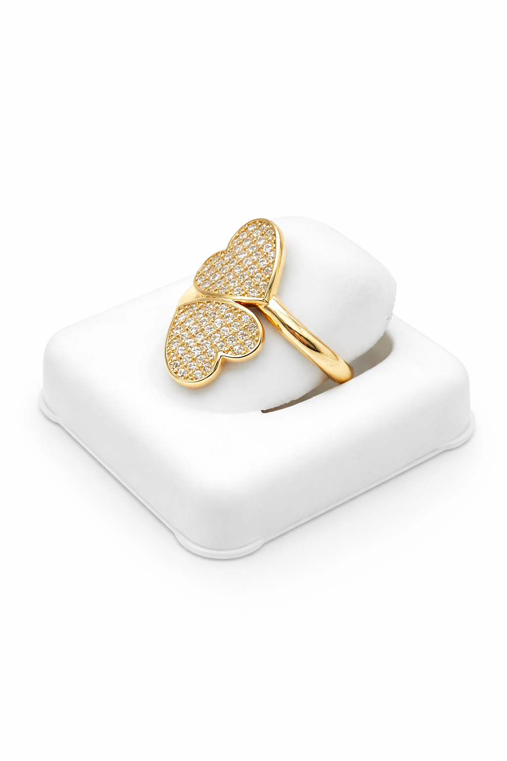 14KT EXOTIC RING WITH TWO LARGE HEARTS FULL OF CZ SIZE 8 Weight 2.6GR