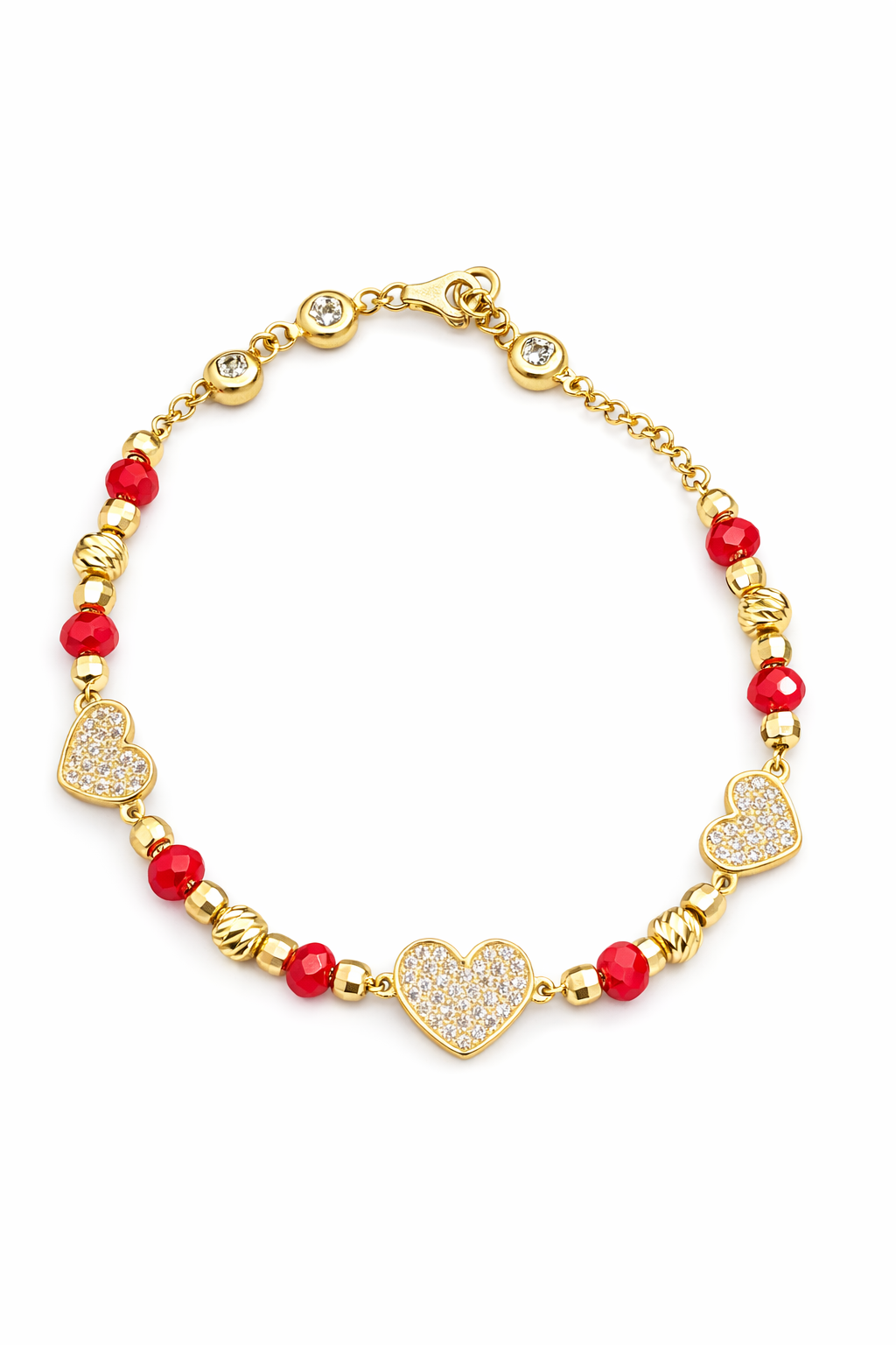 10KT SMALL CZ HEARTS WITH RED STONES DETAIL  BRACELET Size 7INCH Weight 4.9GR