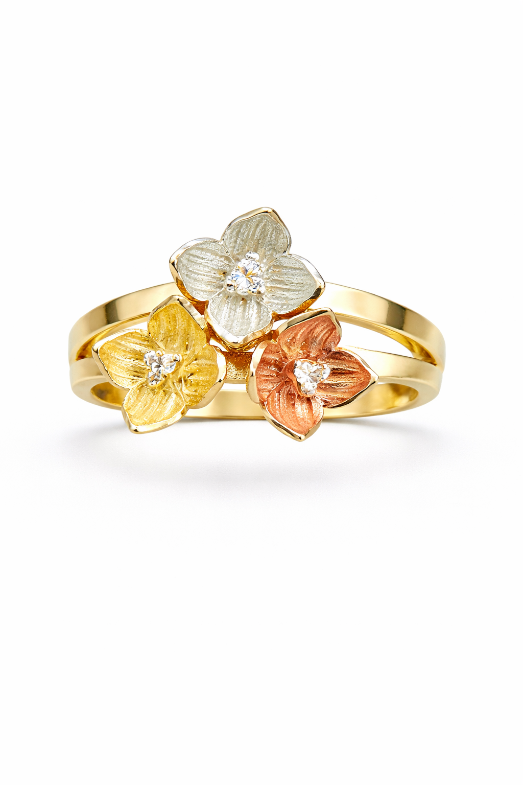 14KT THREE TONE THREE FLOWERS RING Size 8.5 Weight 4.6GR