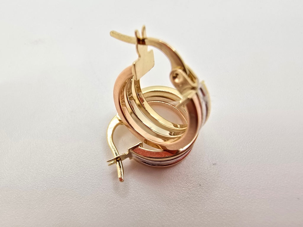 14KT SMALL ROUND THREE TONE TRIPLE HOOPS EARRINGS Weight 1.9GR