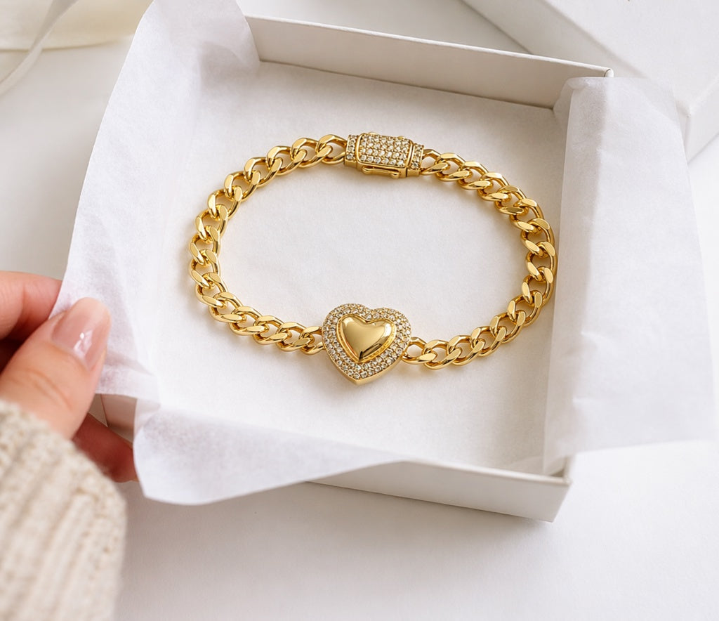 10KT CZ FRAME LARGE HEART BRACELET Size 7.5INCH 7MM Weigth 10.2GR