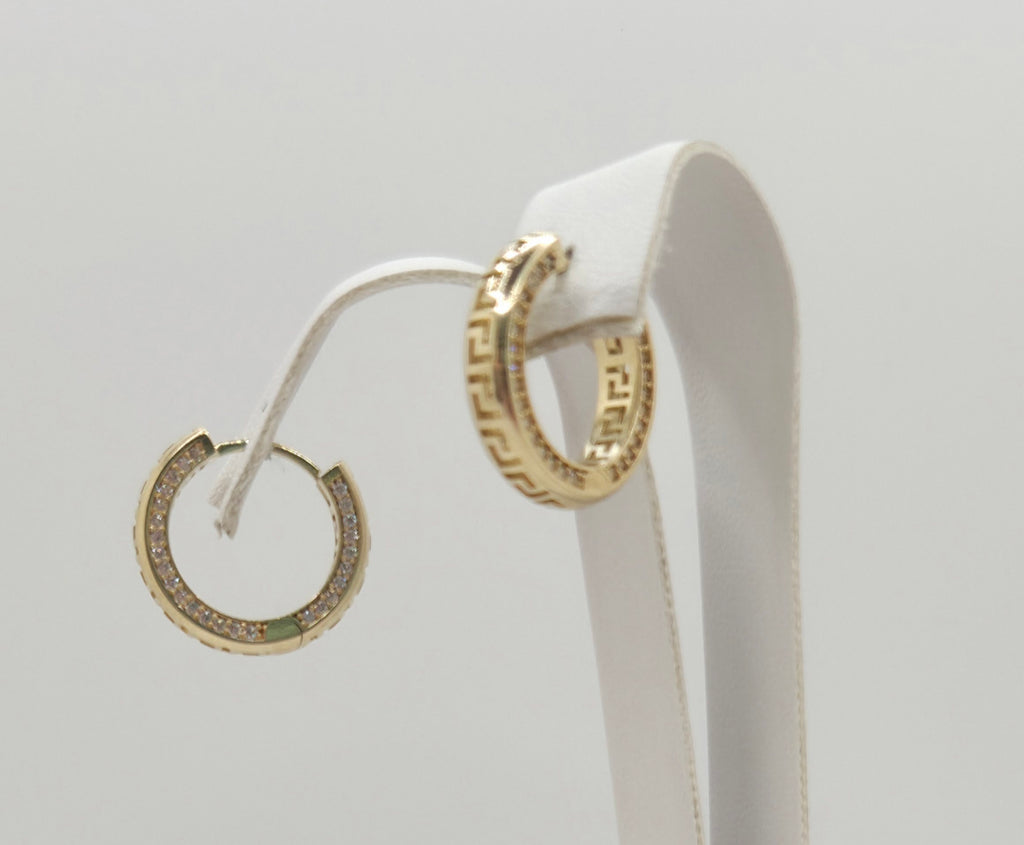 10KT TIMELESS GREEK DESING HOOPS EARRINGS  CZ Size SMALL Weight 3.4GR