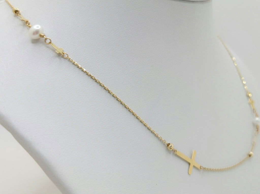 14KT DELICATE WHITE PEARL AND CROSS CHAIN 18INCH 1MM WEIGHT 2.39GR