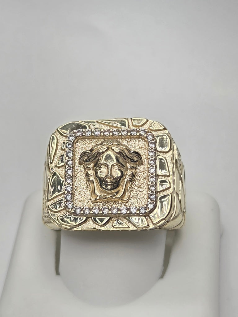 14KT NUGGETS DESIGN  MEDUSA SQUARE MAN'S RING Size 12 Weigth 8.1GR