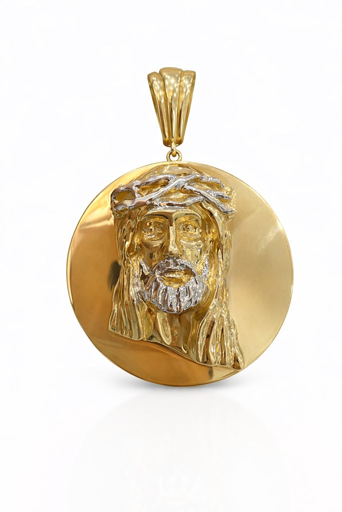 14KT TWO TONE DETAILS JESUS FACE ROUND PENDANT Size LARGE Weigth 14.7GR