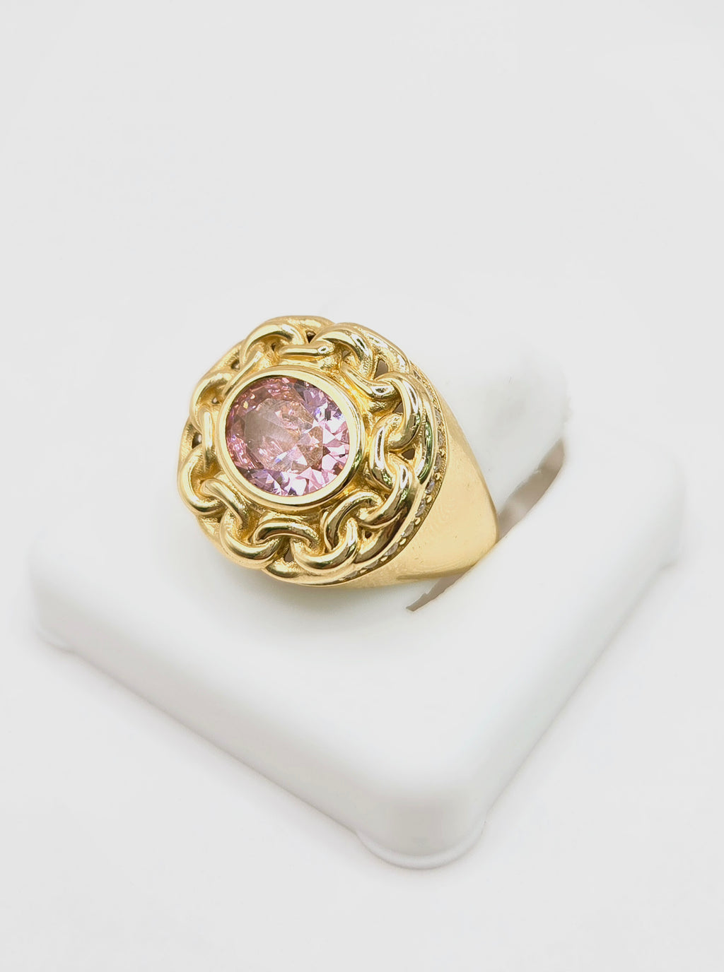 14KT ELEGANT CHINO LINK FRAME PINK STONE RING Size 8 Weight 5.1GR