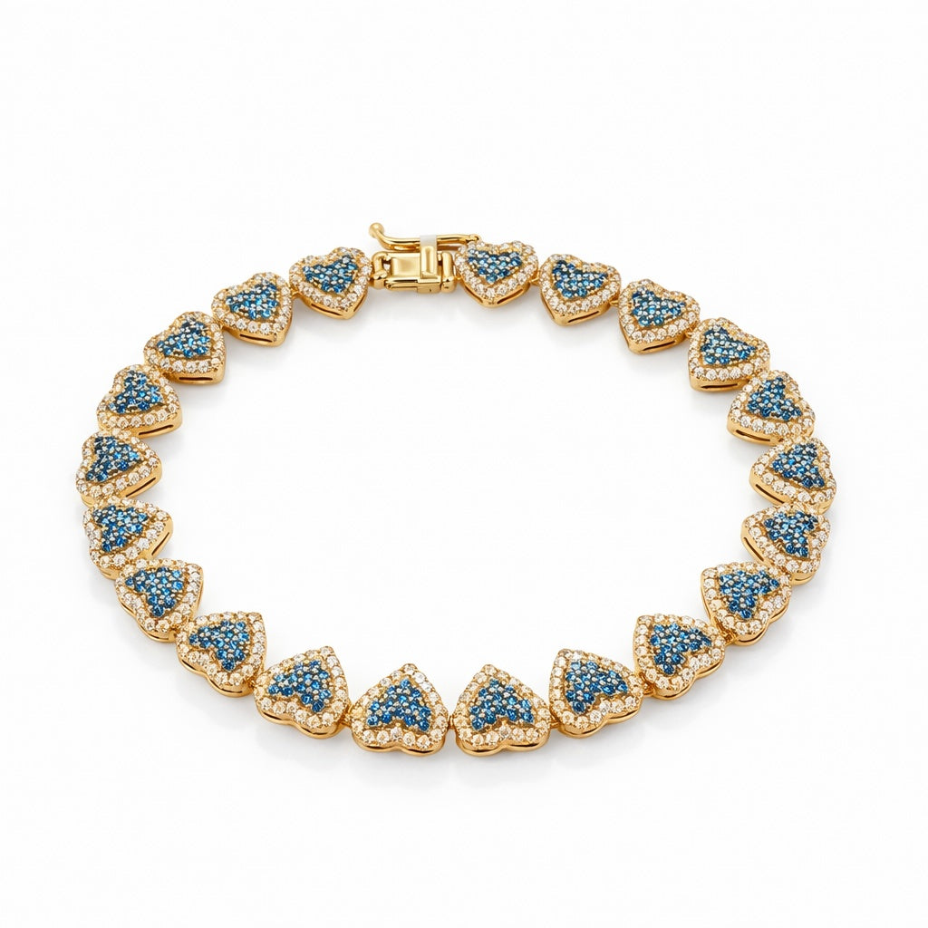 10KT ELEGANT CZ BLUE HEARTS BRACELET Size 7INCH Weigth 11.3GR