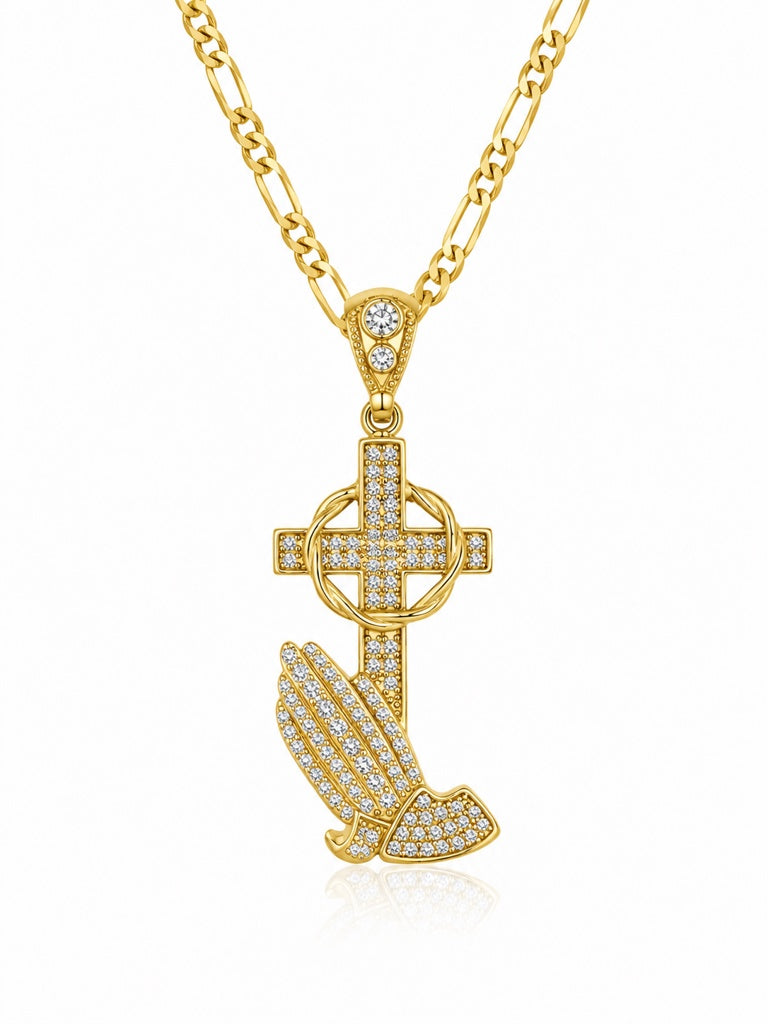 10KT CZ LARGE PRAYING HAND WITH CROSS PENDANT Size LARGE Weigth 9.4GR