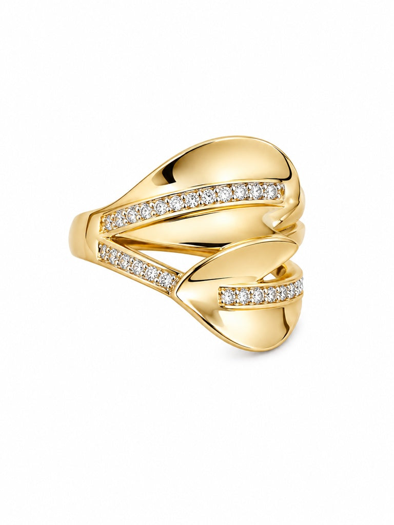 14KT MODERN TWO LEAVES DESIGN CZ DETAILS RING Size 8 Weigth 3.8GR