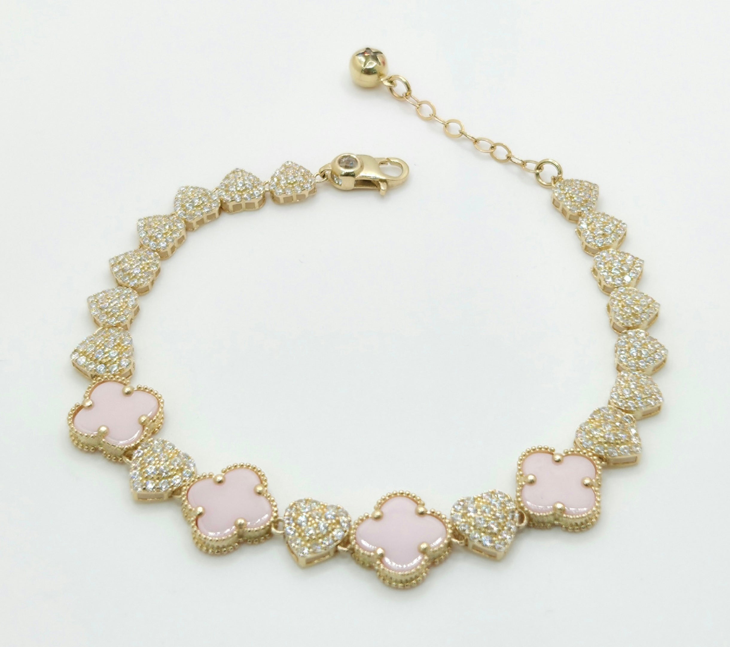 14KT CZ HEART PINK CLOVER BRACELET Size 7INCH Weight 10.6GR