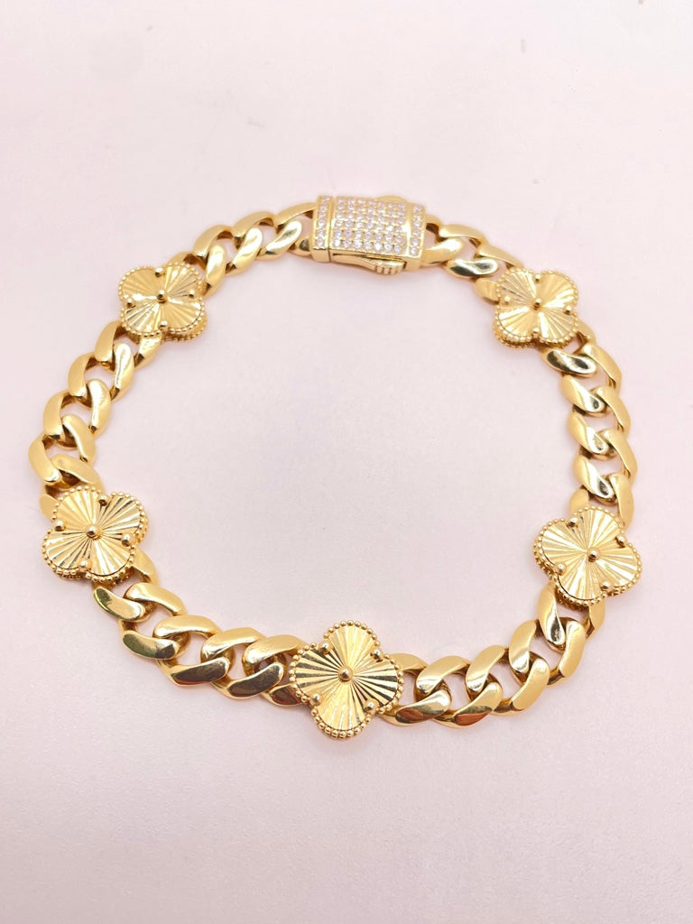 14KT MEDIUM GOLDEN CLOVER  MONACO STYLE BRACELET Size 7INCH 7MM Weight 11.8GR
