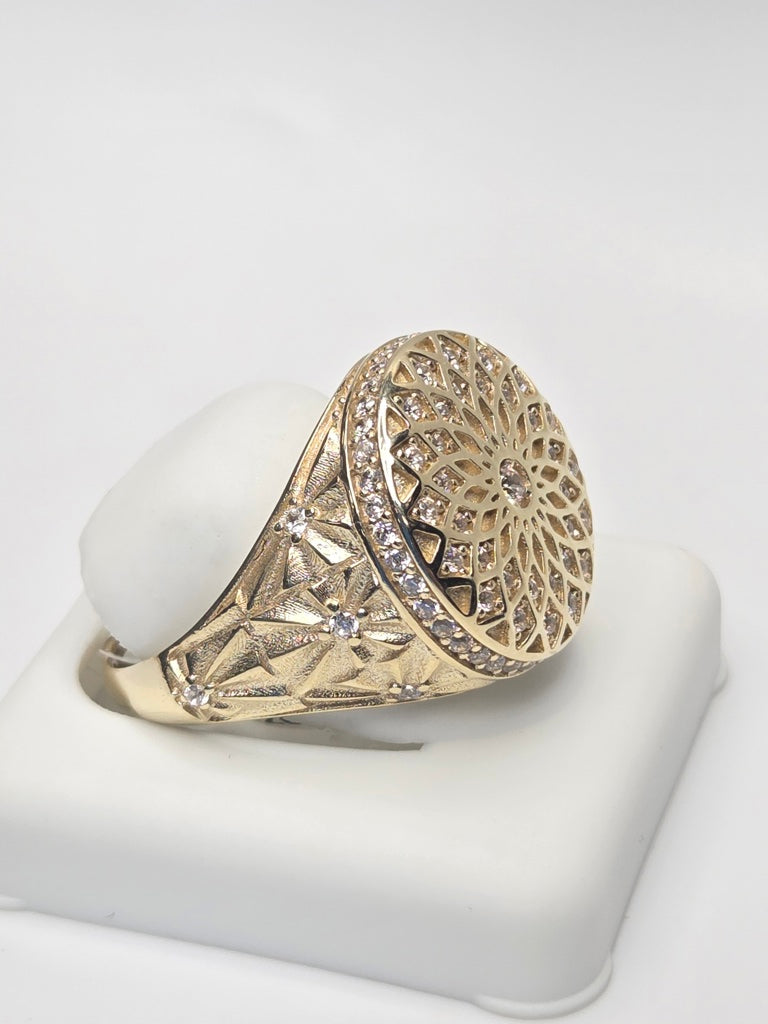 14KT MANDALA DESIGN SMALL ROSETTA MAN'S RING Size 12 Weigth 5.3GR