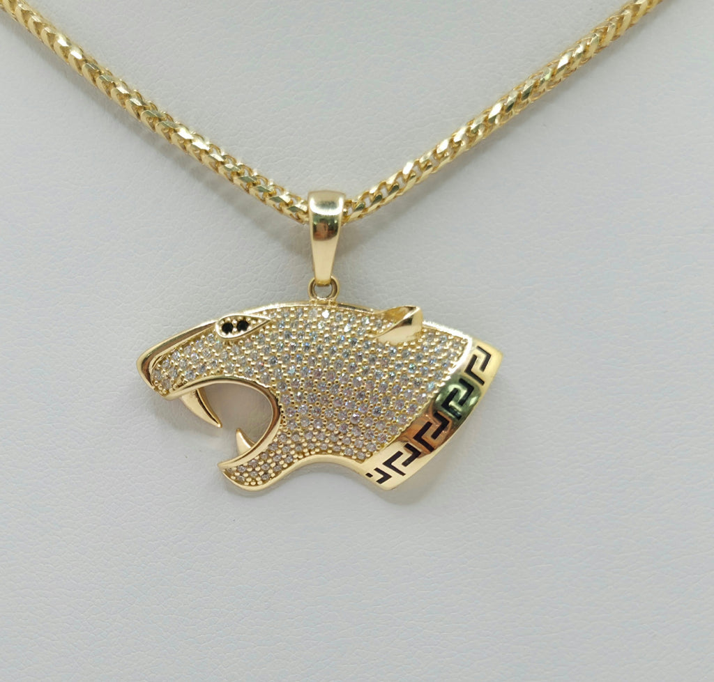 14KT CZ GREEK DETAIL TIGER FACE PENDANT Weight 4.6GR