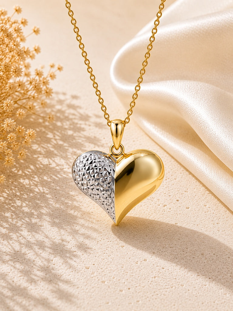 10KT TWO TONE DIAMOND CUT DETAIL HEART PENDANT Weight 2.4GR