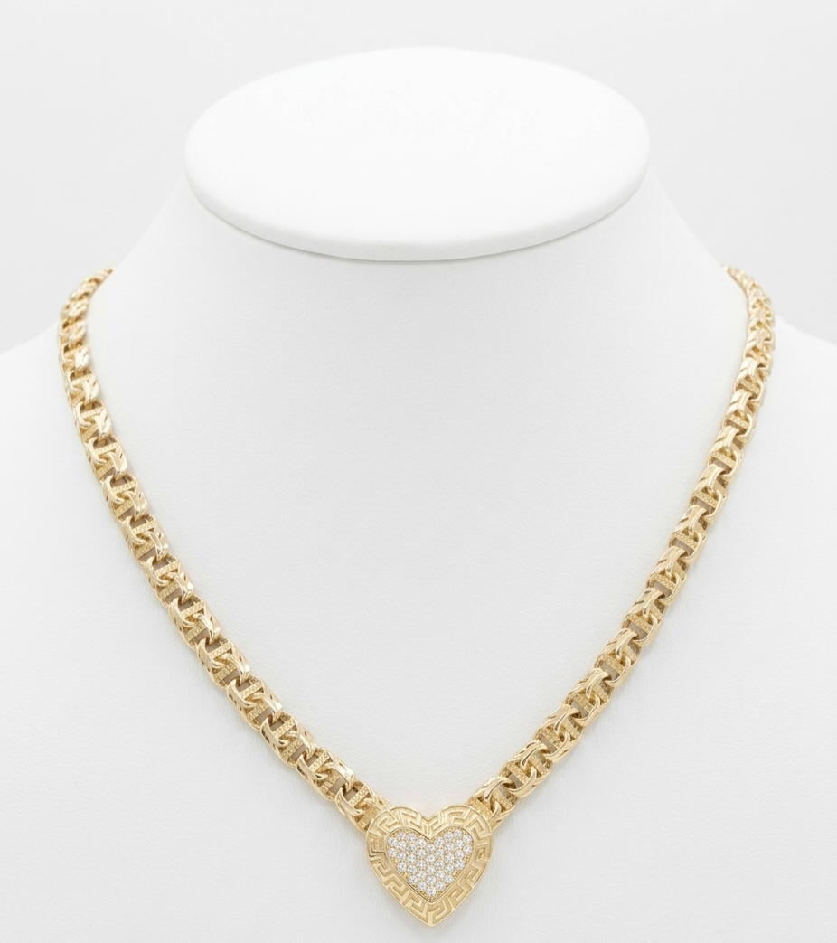 10KT MEDIUM GREEK FRAME HAERT DESIGN CHINO LINK NECKLACE Size 17INCH 6MM