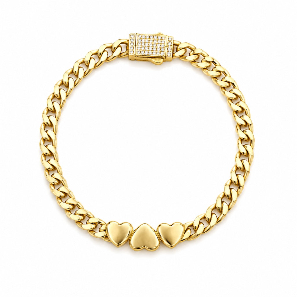 10K THREE SMALL HEART MONACO STYLE BRACELET Size 7INCH 5MM