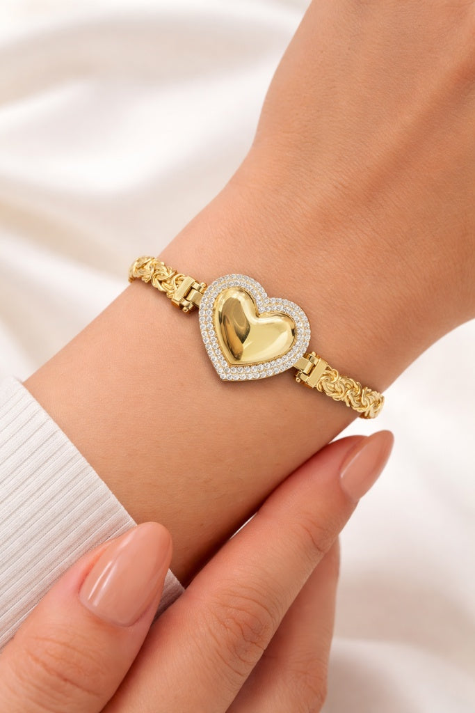 10KT LARGE HEART BYZANTINE BRACELET Size 7.5INCH Weigth 9.2GR