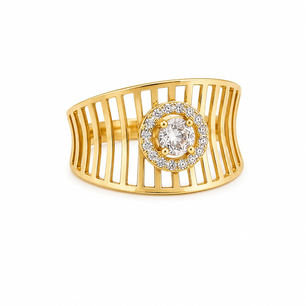 14KT ELEGANT BAR DESIGN BACKGROUND CENTER STONE RING Size 8 Weigth 2.7GR