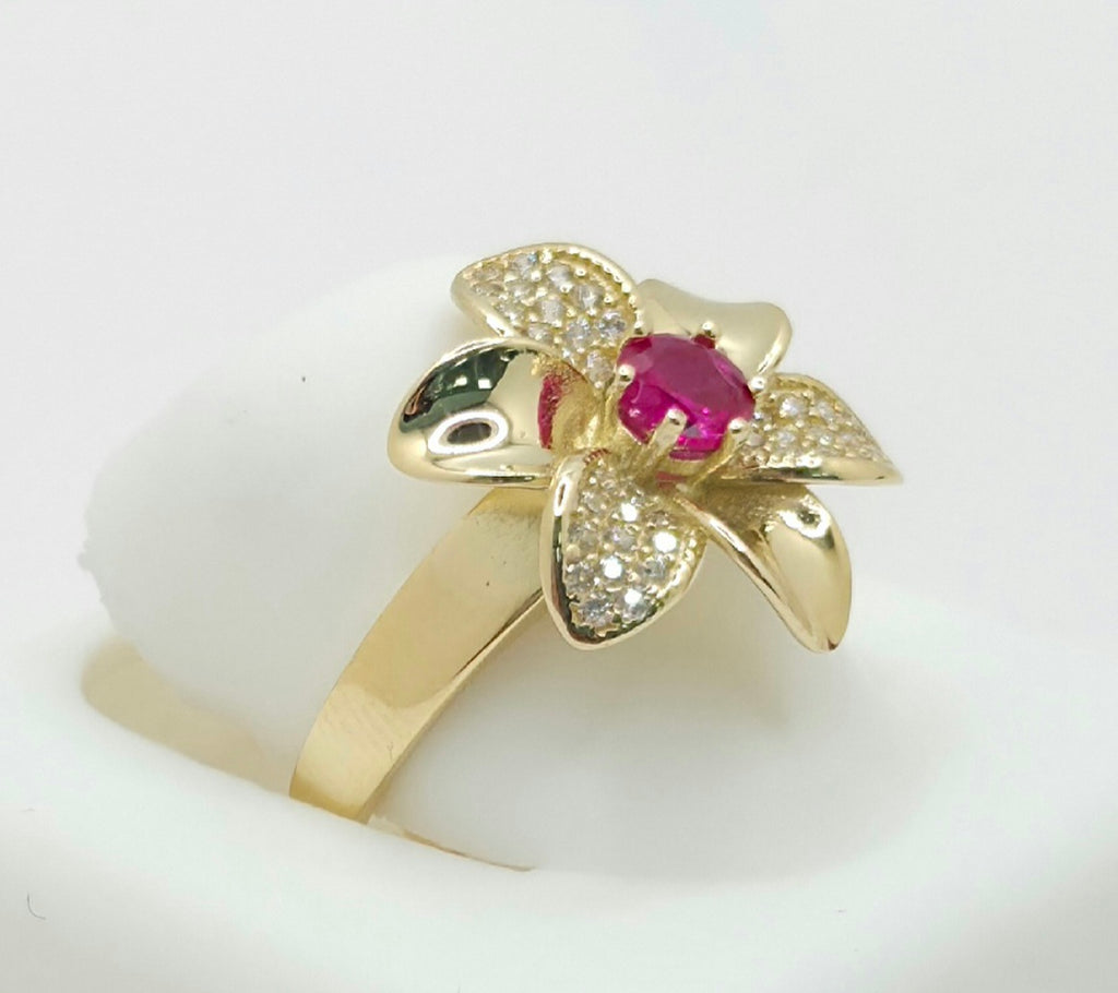 14KT MODERN FLOWER PINK STONE CENTER RING Size 7 Weight 3.2GR