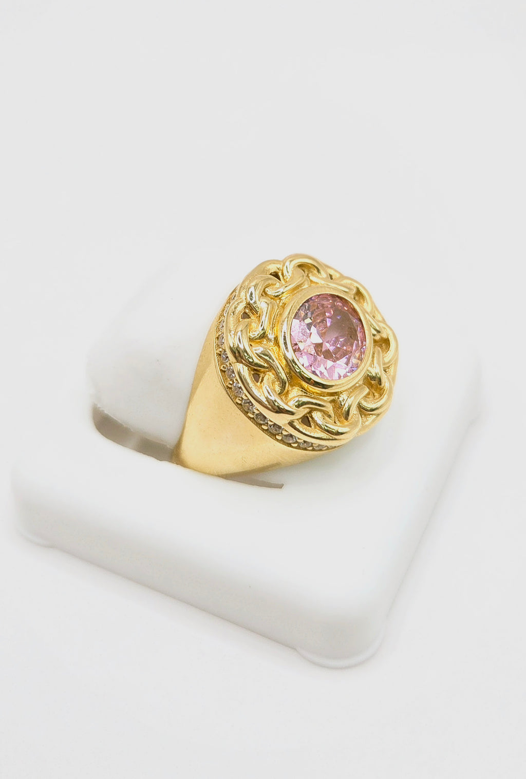14KT ELEGANT CHINO LINK FRAME PINK STONE RING Size 8 Weight 5.1GR