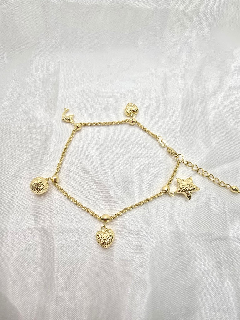 10KT STAR DOLPHIN BALL AND HEART ROPE BRACELET Size 7INCH Weight 3.4GR
