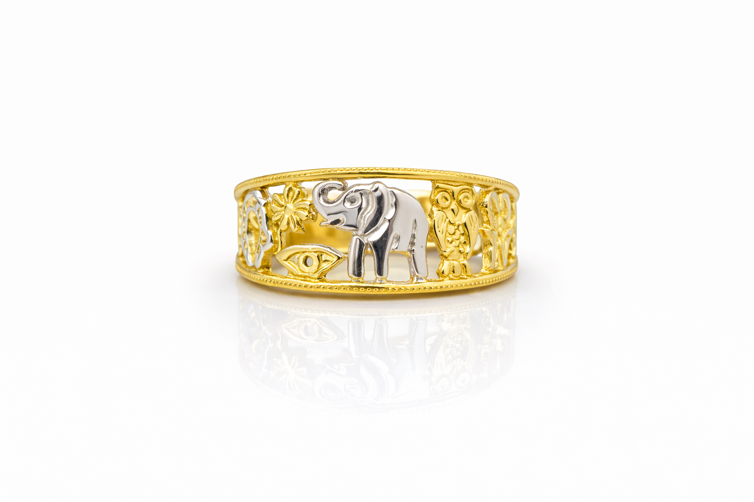 10KT TWO TONE DETAILS GOOD LUCK RING Size 8 Weigth 2.85GR