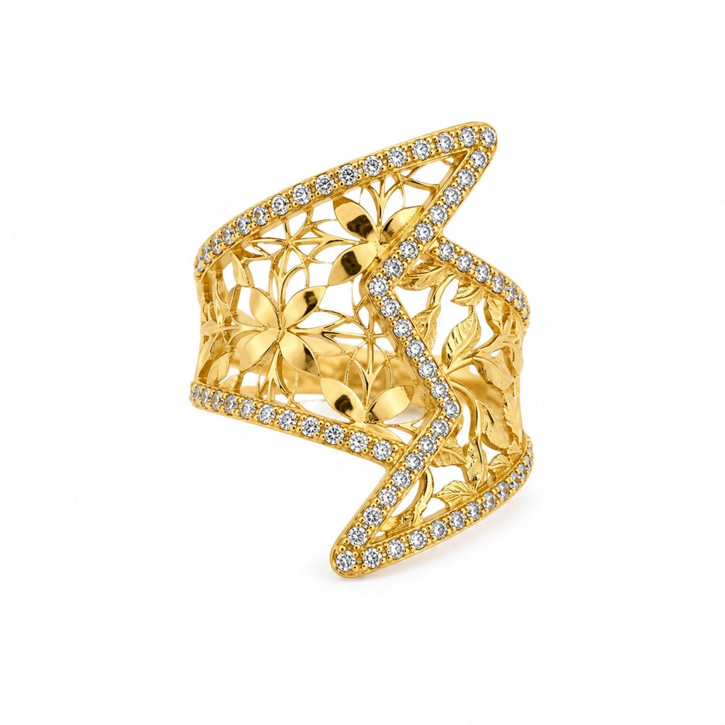 14KT LEAVES AND FLOWERS SILHOUETTES ASYMMETRIC RING Size 8 Weigth 4.4GR