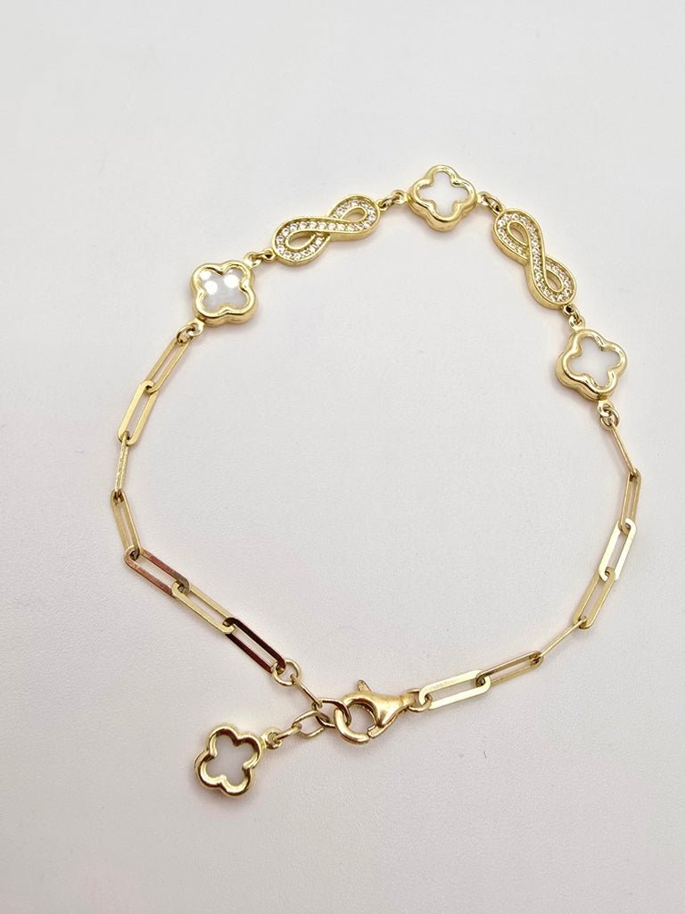 10KT PAPER CLIP BRACELET WITH SMALL INFINITY AND WITHE CLOVER Size 7.5INCH 2MM Weight 4.9GR