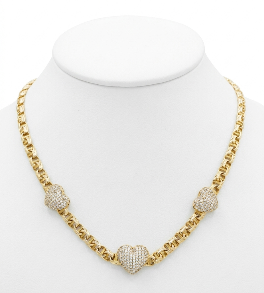 10KT TRHEE MEDIUM CZ HEARTS  CHINO LINK NECKLACE Size 18INCH 5MM Weigth 13.8GR