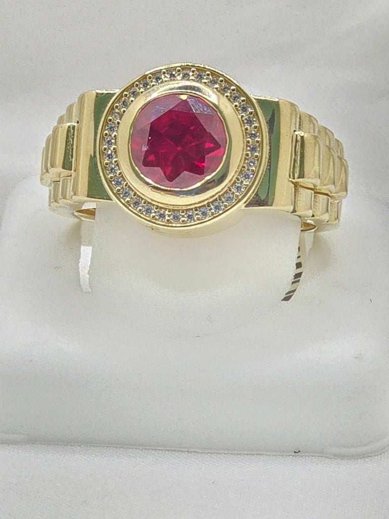 14KT CIRCULAR RING WITH RED STONE AND CZ DETAILS Size 12 Weight 10.4GR