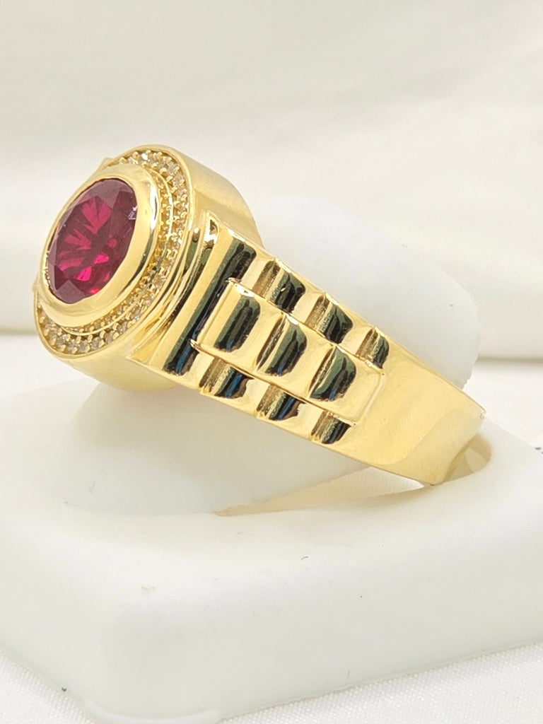 14KT CIRCULAR RING WITH RED STONE AND CZ DETAILS Size 12 Weight 10.4GR