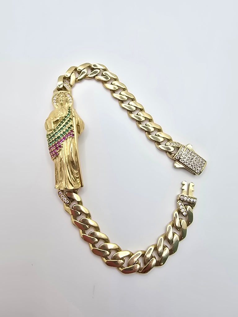 10KT MONACO STYLE BRACELET WITH SAN JUDAS Size 7.5INCH 7.5MM Weight 12.2GR