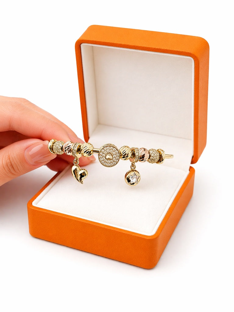 14KT RIGID PANDO STYLE BRACELET WITH TWO TONE DETAILS CHARMS Weigth 10.8GR
