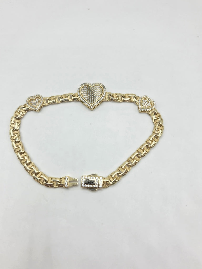10KT CHINO LINK TRHEE CZ HEART BRACELET Size 7INCH 5MM Weigth 8.6GR