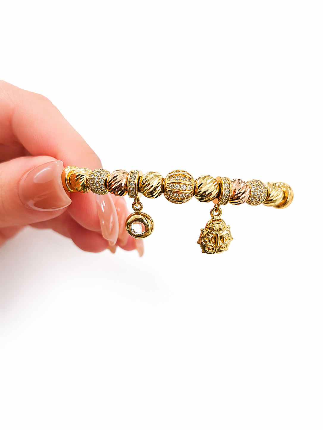 14KT RIGID PANDO STYLE BRACELET WITH TWO TONE DETAILS CHARMS Weigth 10.8GR