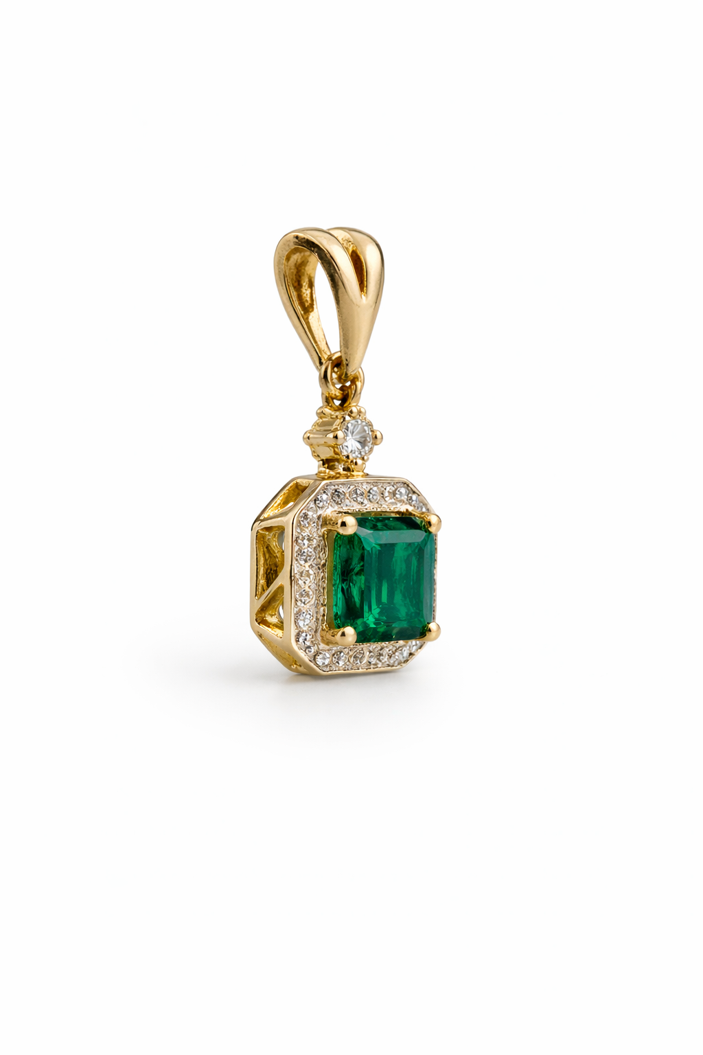 14KT NATURAL DIAMOND AROUND SQUARE LAB ESMERALD PENDANT Size 0.73CT/0.87GM