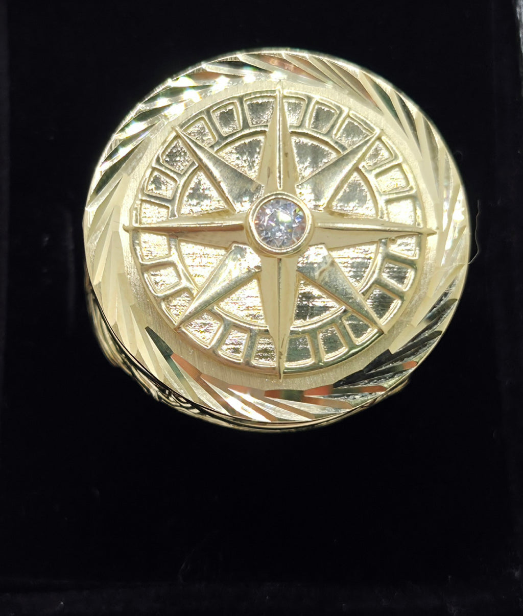 10KT DIAMOND CUT AROUND COMPASS ROSE MEN'S RING Size 12 Weight 15.9GR