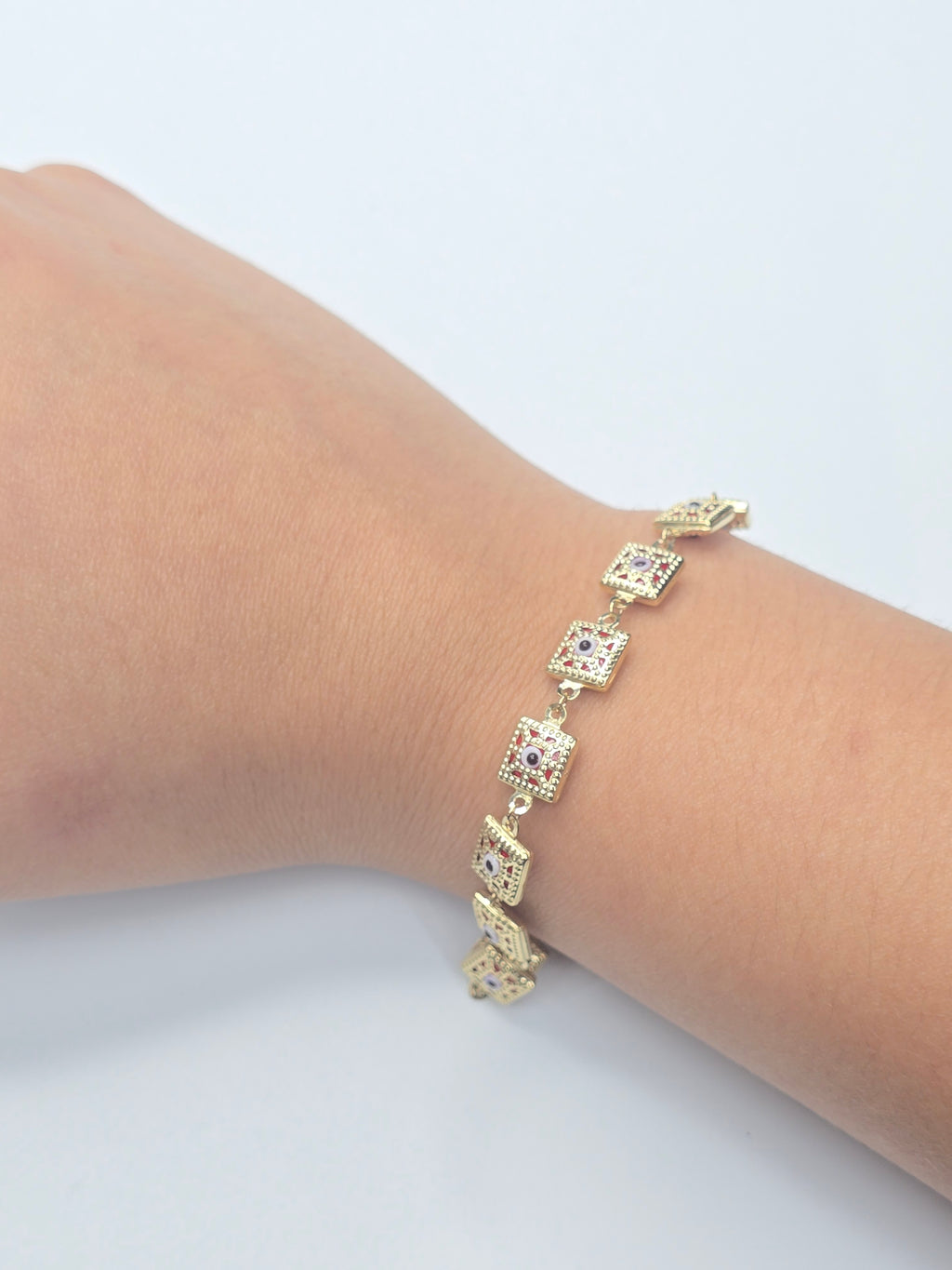 14KT SQUARE SHAPE RED EYE BRACELET Size 7.5-8INCH Weigth 4.9GR
