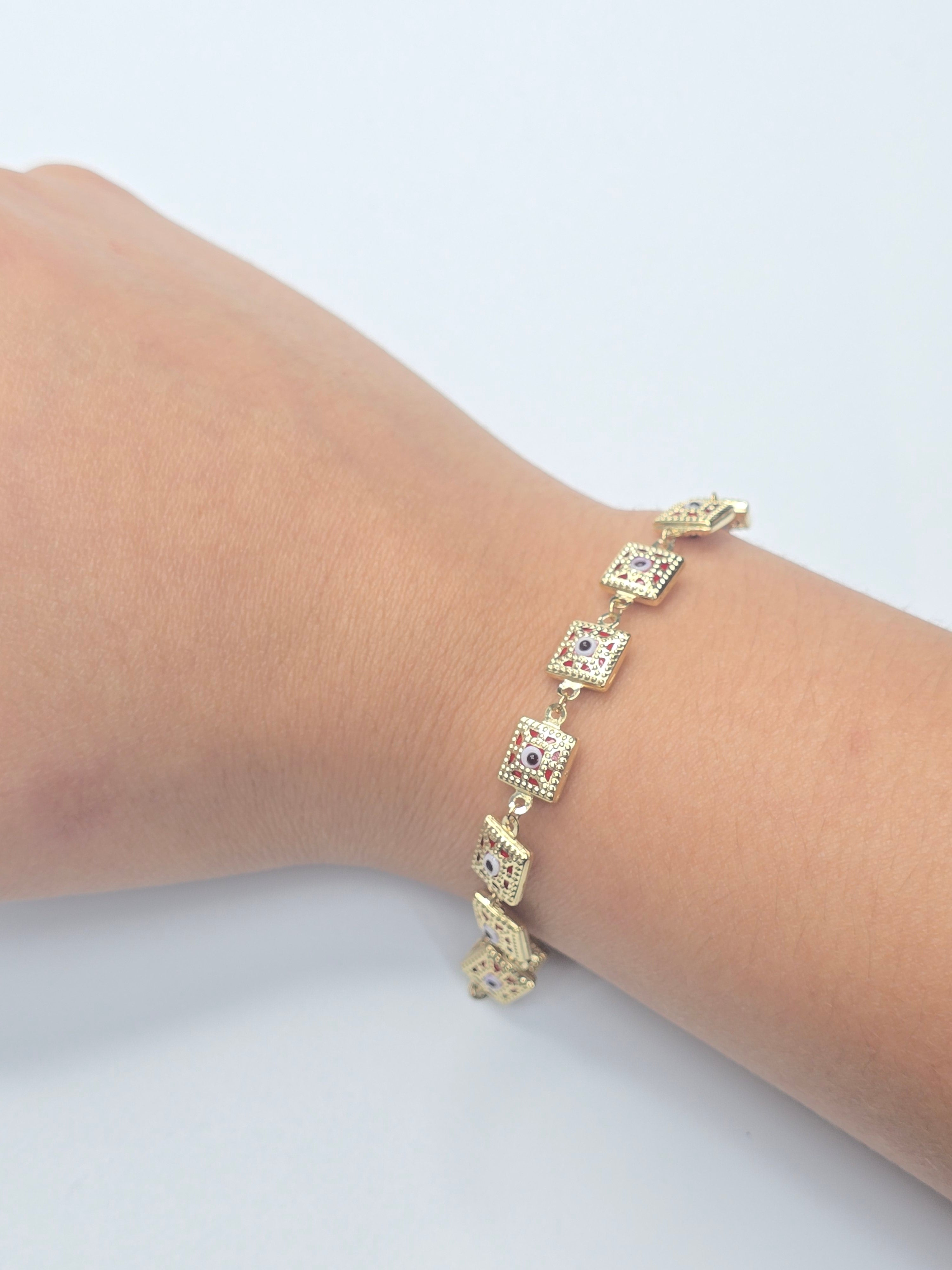 14KT SQUARE SHAPE RED EYE BRACELET Size 7.5-8INCH Weigth 4.9GR