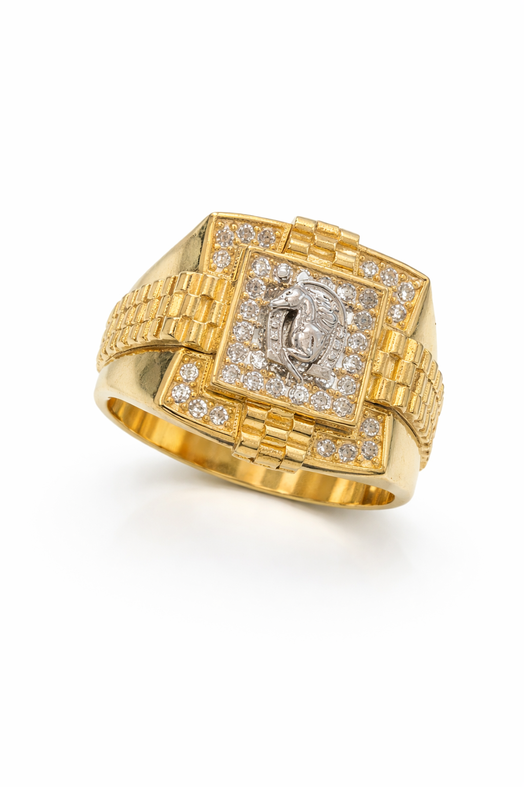 14KT SQUARE HORSESHOE AND HORSE RING Size 10 Weigth 8.3GR