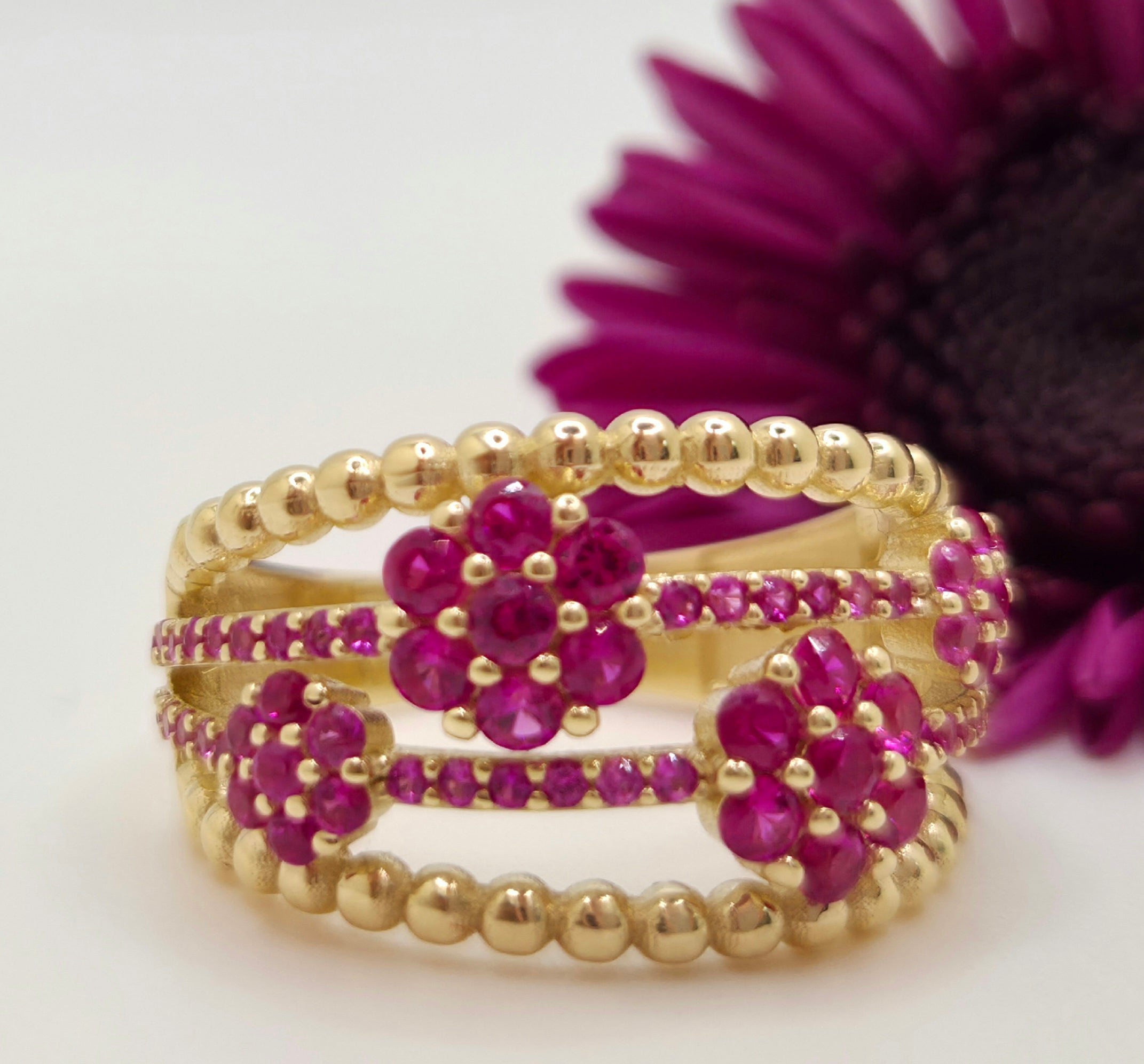 14KY PINK CZ SMALL FLOWERS RING Size 7 & 8 Weight 4.9GR