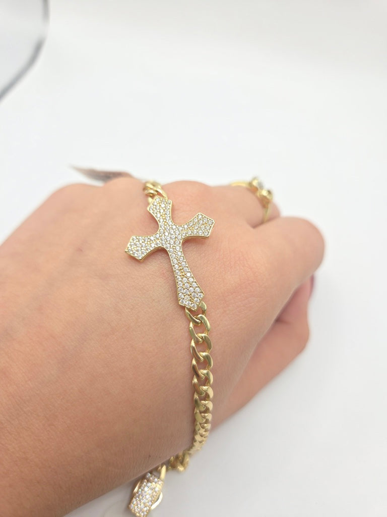 10KT CZ ROMAN CROSS MONACO STYLE BRACELET Size 7.5INCH 5MM Weigth 6GR