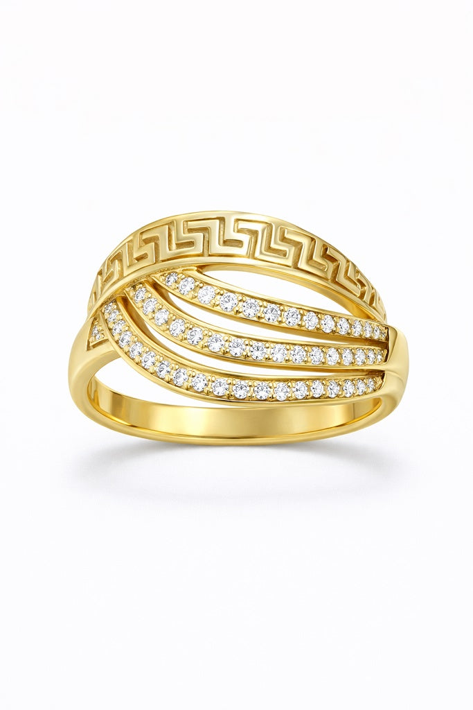 14KT INTERTWINED CZ AND GREEK DESIGN RING Size 8 Weight 3.7GR