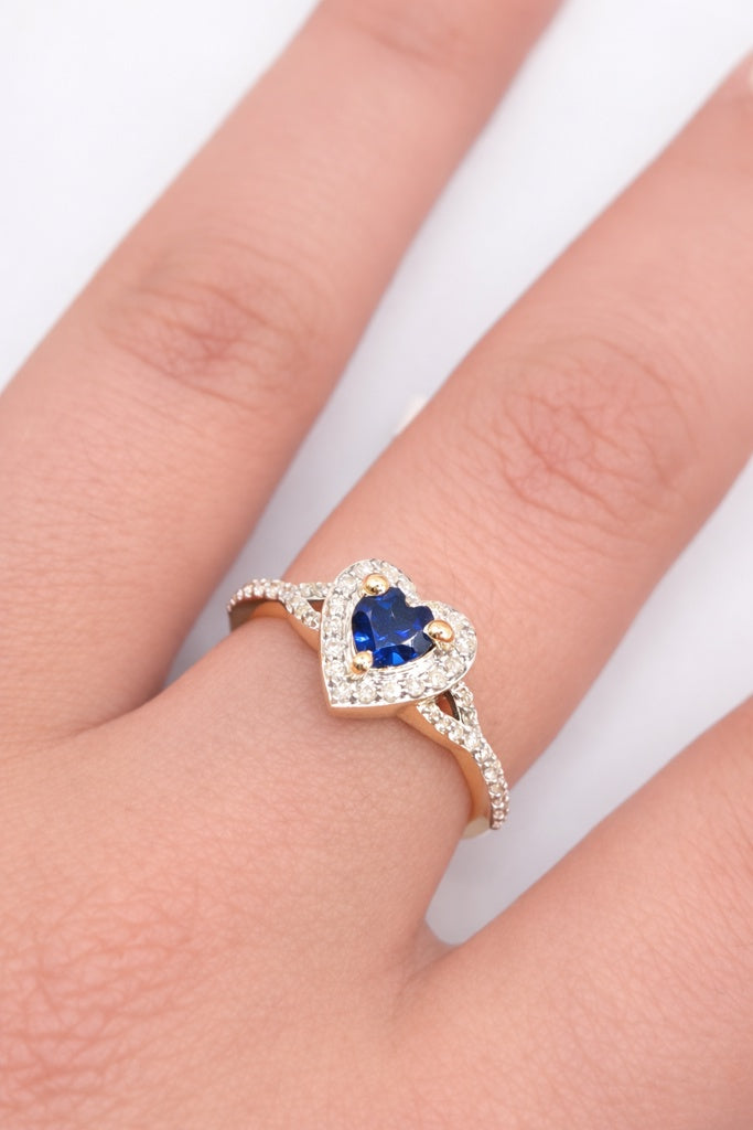 14KT NATURAL DIAMOND AROUND HEART LAB ZAFIRO ELEGANT RING Size 7/0.8CT/2.79GM
