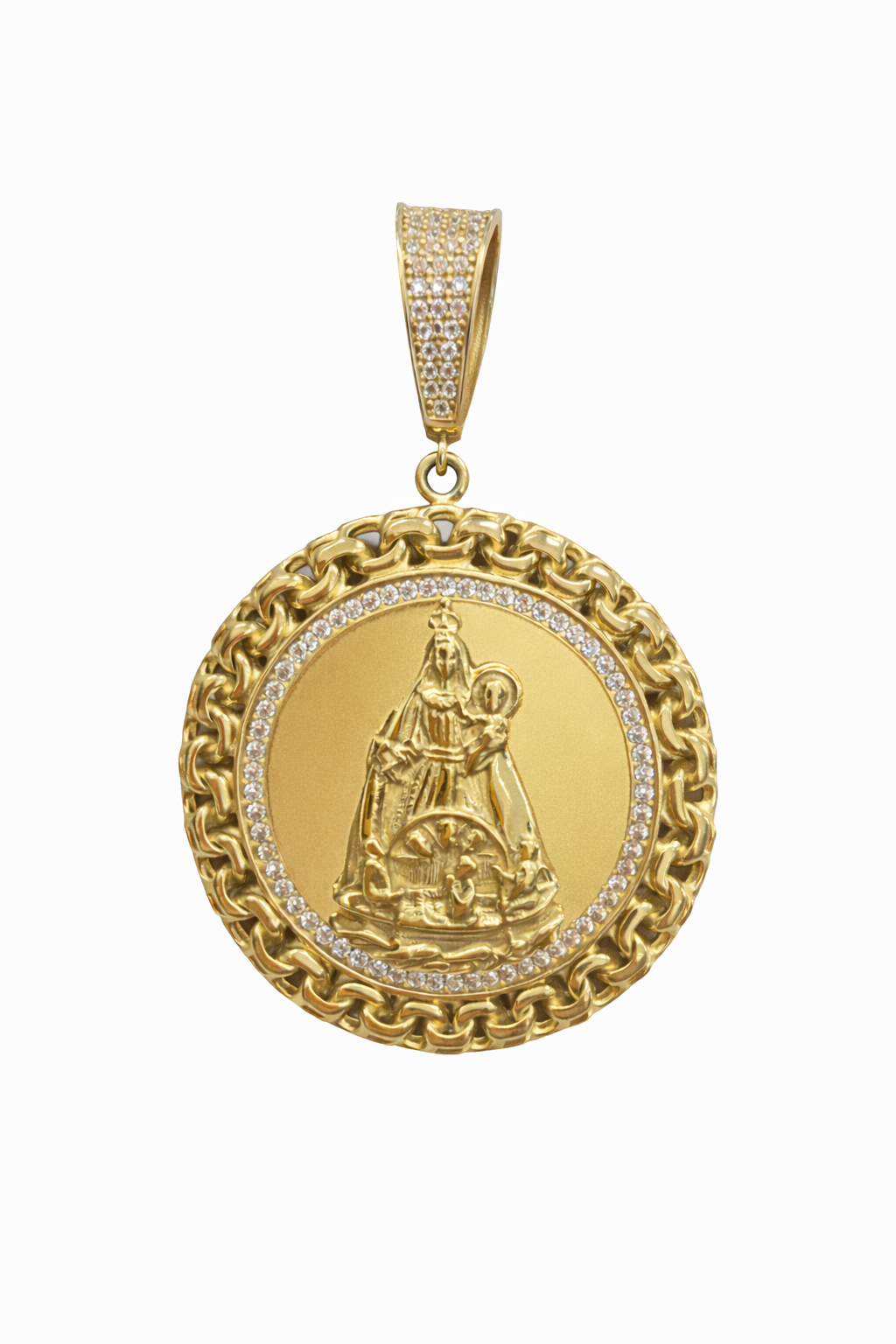 10KT ROUND CHINO LINK FRAME CZ DETAIL CARIDAD PENDANT Weight 15.7GR