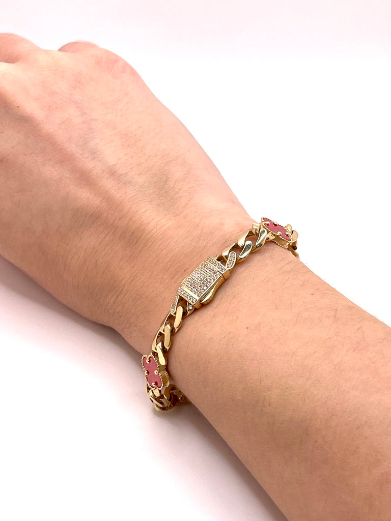 14KT RED CLOVER MONACO STYLE BRACELET Size 7.5INCH 7MM Weight 12.2GR