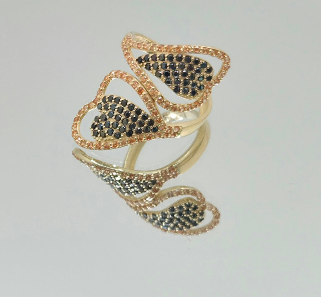 14KT BROWN AND BLACK CZ ASYMETRIC RING Size 7 & 8 Weight 3.4GR