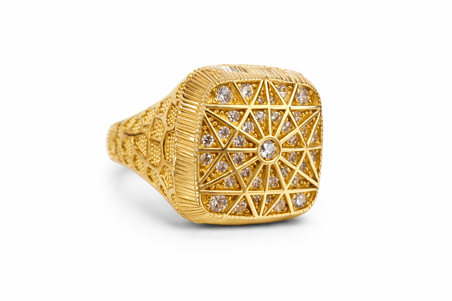 14KT LARGE SQUARE ROSETTA  MAN RING Size 11.5 Weight 14.4 GR