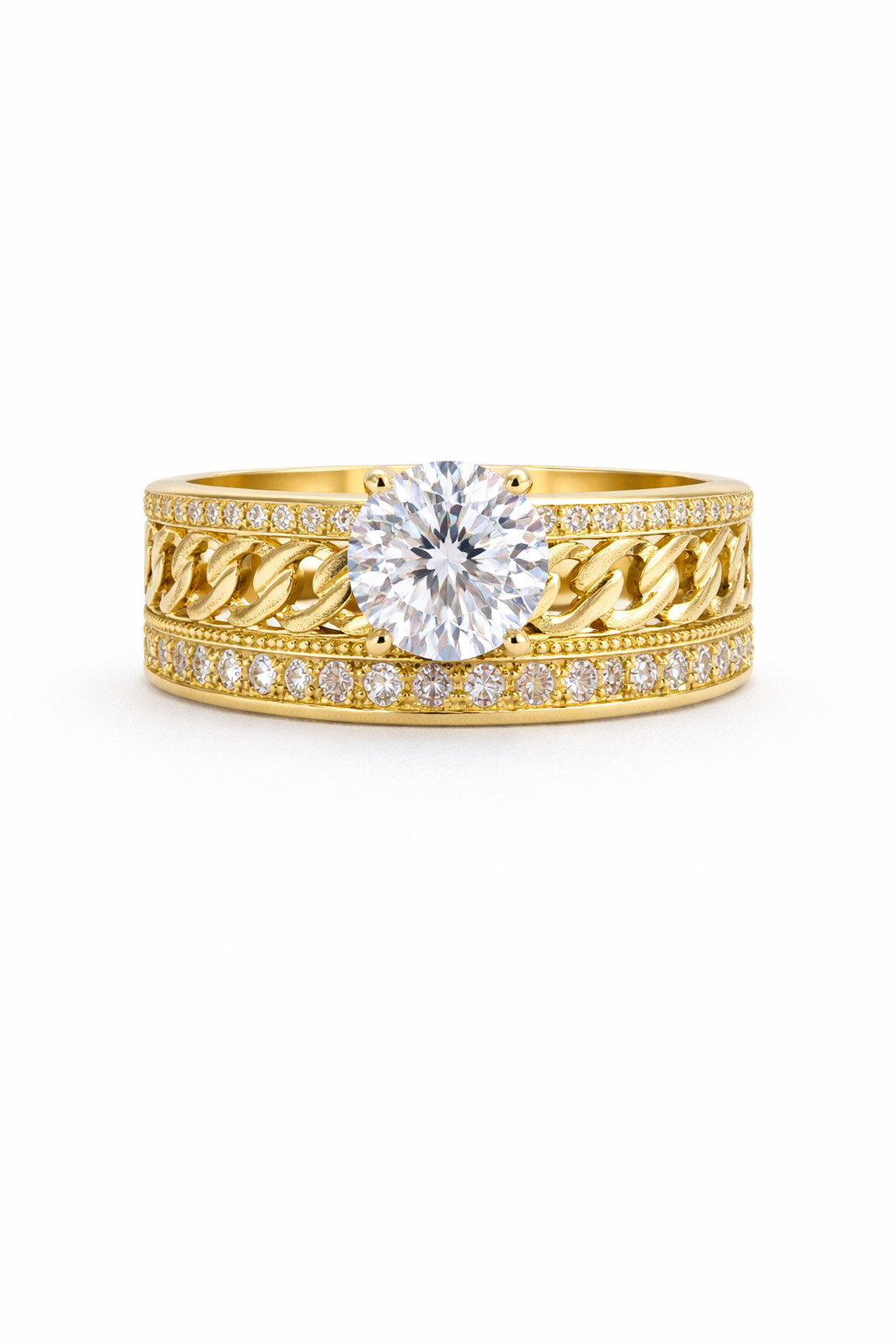 10KT MODERN CZ FRAME CHAIN DESIGN CENTER RING Size 8.5 Weigth 3GR